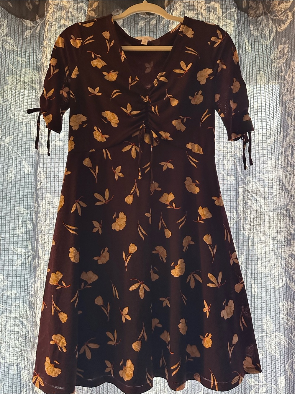 LC Lauren Conrad Burgundy Midi Dress with Gold Floral Print